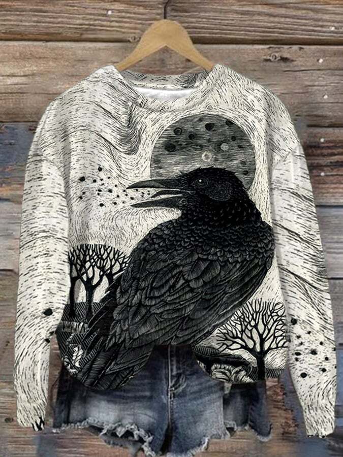 Women's Halloween Raven Pattern Art Print Casual Sweatshirt
