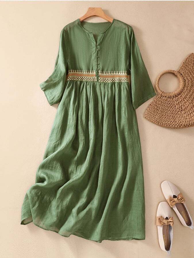 Cotton And Linen Patchwork Embroidered Dress