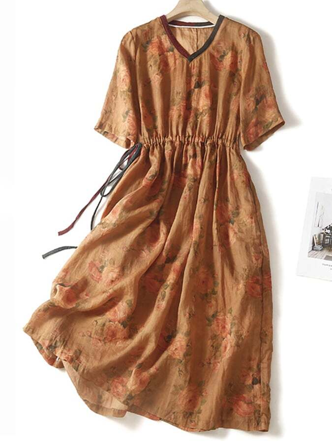 Cotton Linen Vintage High Waist Lace Up Flare Dress