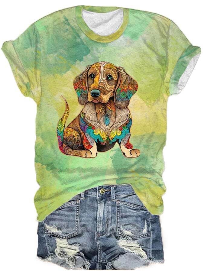 Women's Watercolor Dog Print T-Shirt
