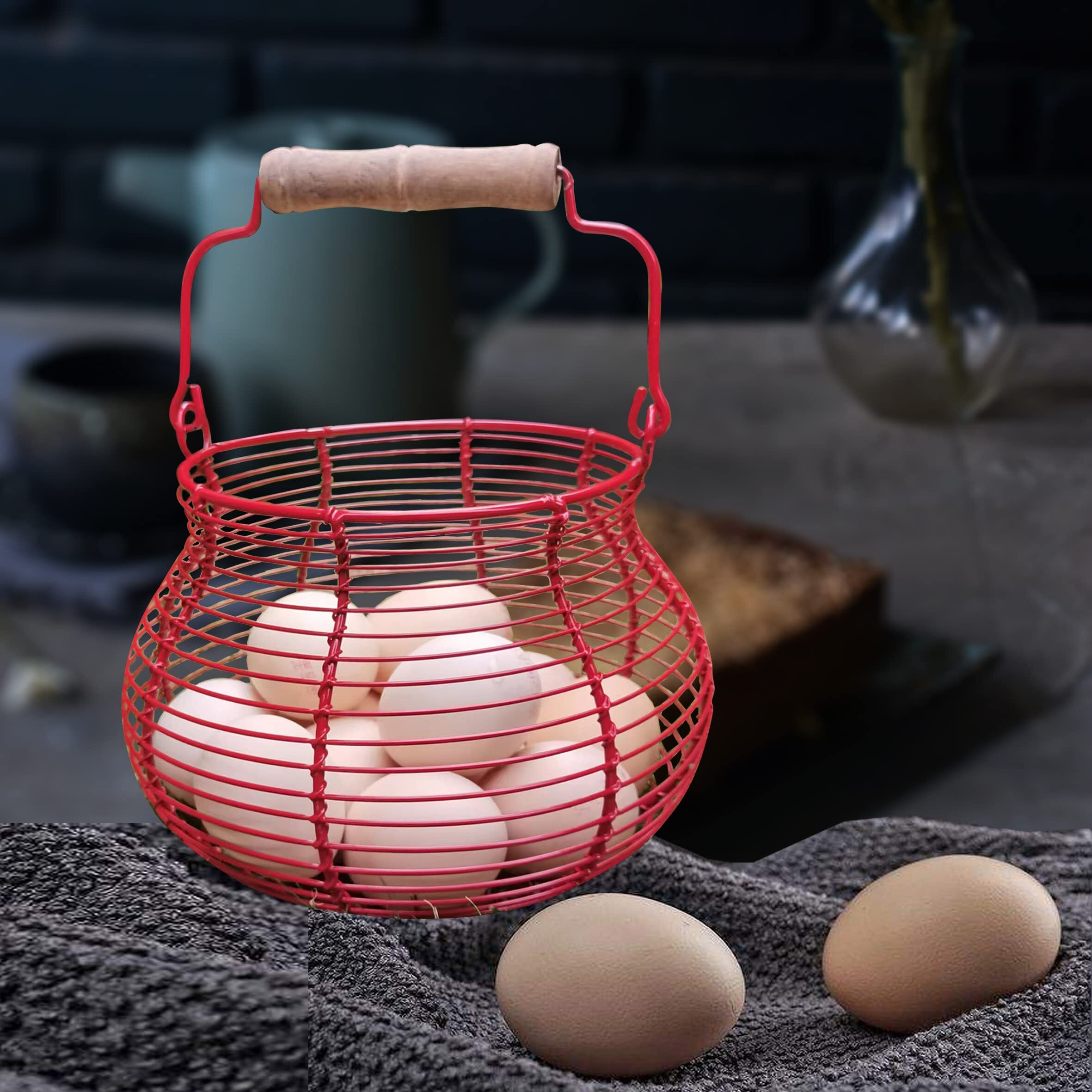 Egg Collecting Basket Round Wire Basket Chicken Egg Holder Black Farmhouse Rustic Decorative Egg Storage, Chicken Egg Basket for Gathering Fresh Eggs, Fruits, and Vegetables, with Handle