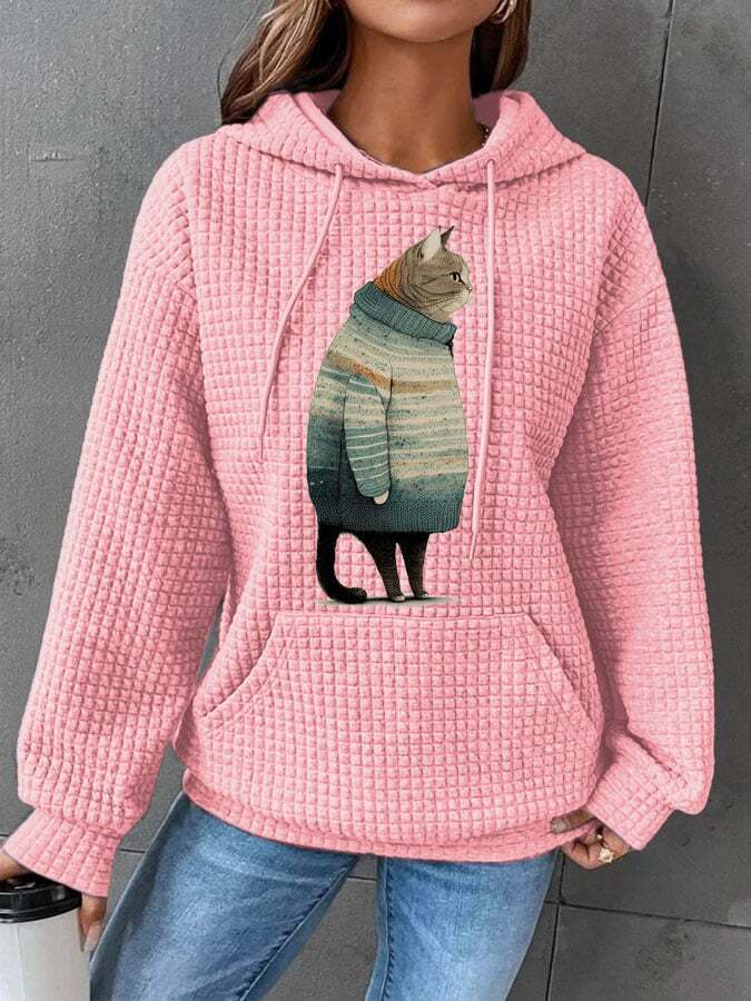 Women's Winter Cat Print Waffle Hooded Sweatshirt