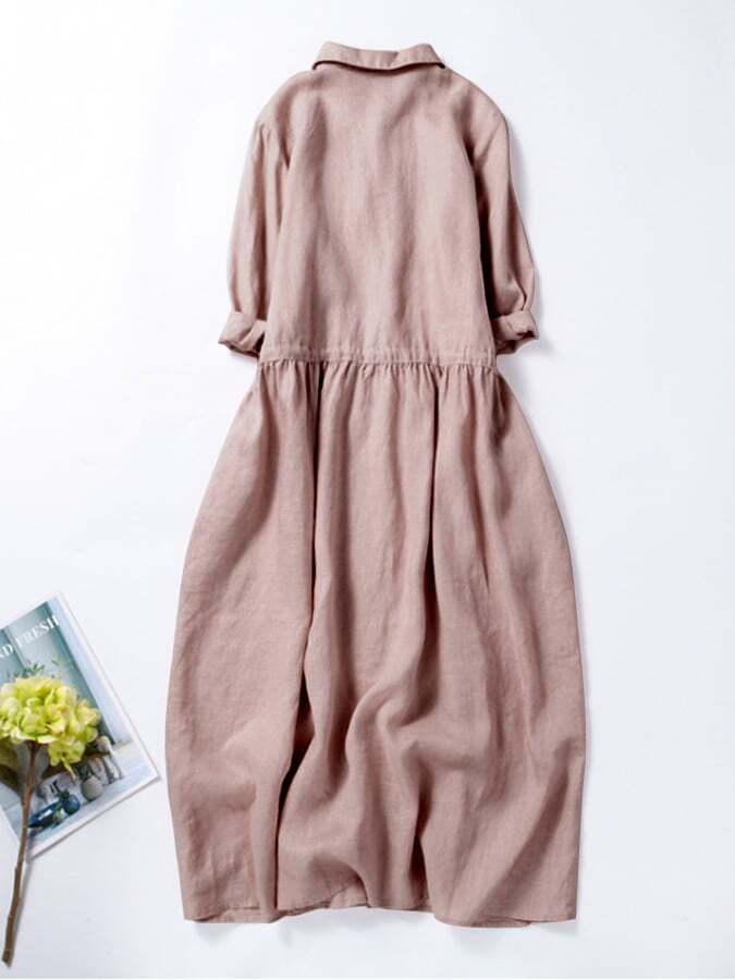 3/4 Sleeves Cotton Linen Loose And Slim Embroidered Dress