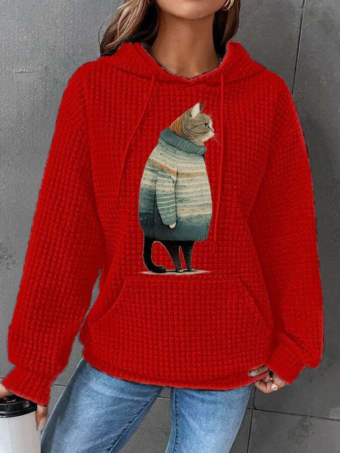 Women's Winter Cat Print Waffle Hooded Sweatshirt