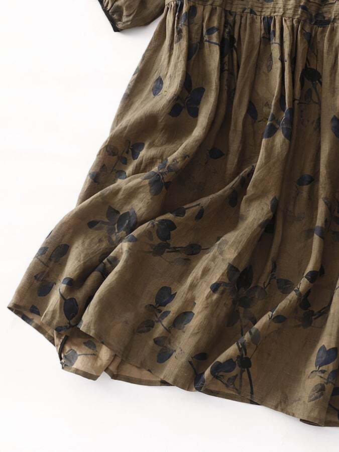 Vintage Printed Pleated Round Neck Midi Dress