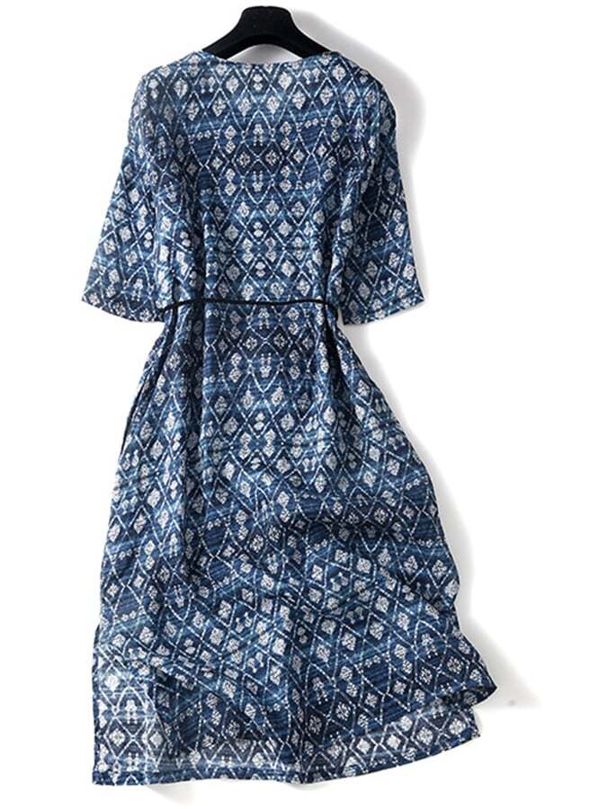 Cotton And Linen Printed Retro V-Neck Loose Tie Up Dress