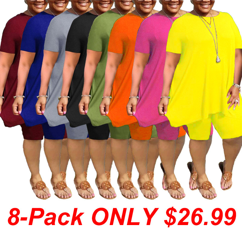 Last Day -Plus Size Ruffled Hem Solid Color Top & Shorts