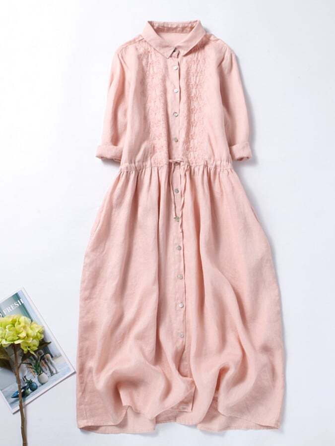 3/4 Sleeves Cotton Linen Loose And Slim Embroidered Dress