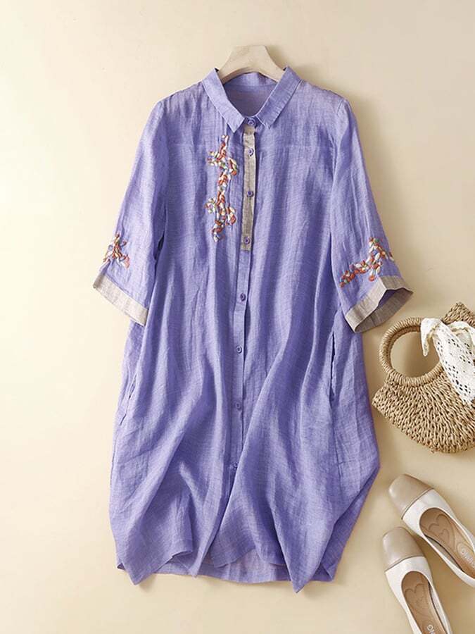 Cotton And Linen Embroidered Contrasting Ethnic Style Dress