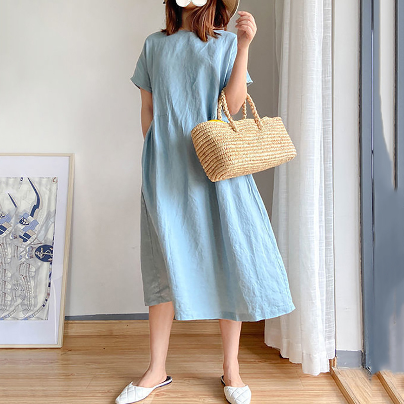 Casual Loose Short Sleeve Solid Color Midi Dress