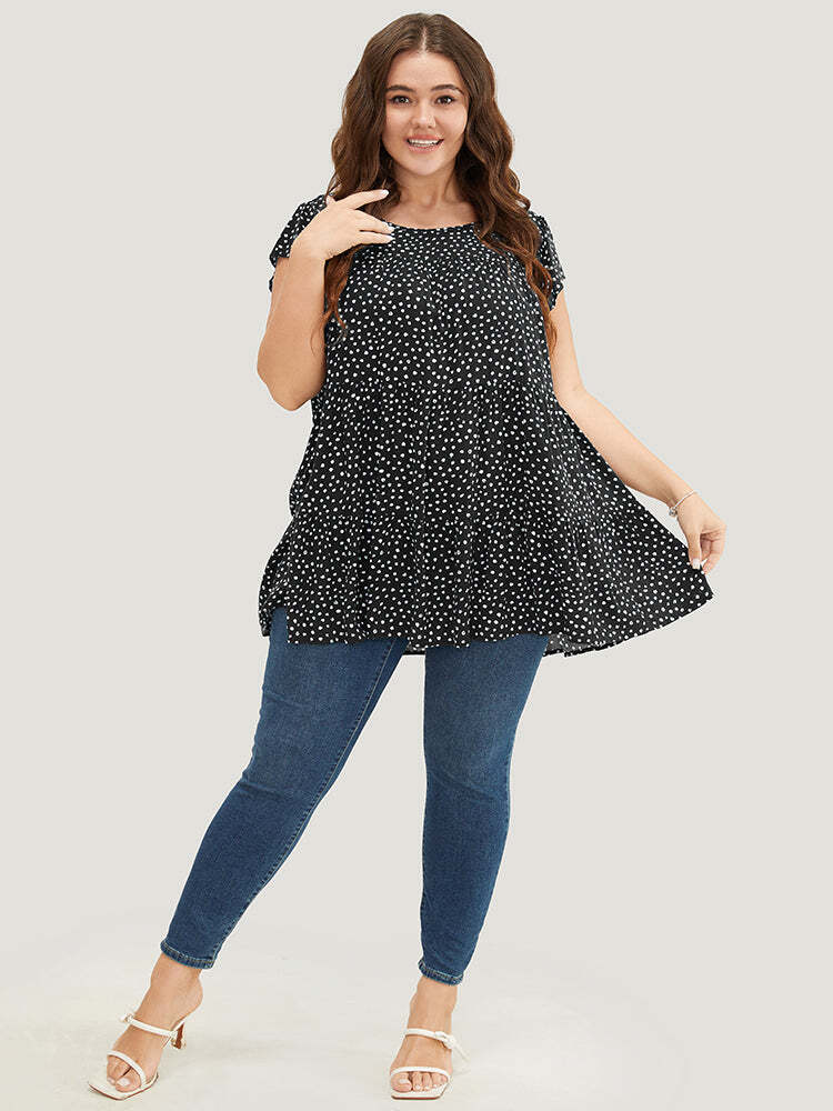 🌸Allover Print Cap Sleeve Ruffle Hem Gathered Blouse
