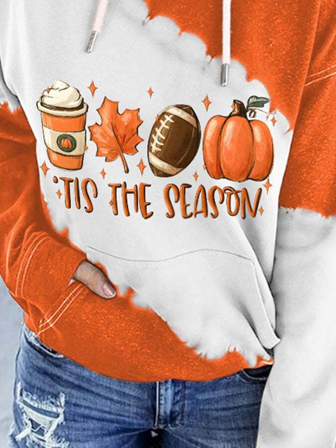Retro Football Tis The Season Pumpkin Maple Leaf Print With Pocket Hoodie