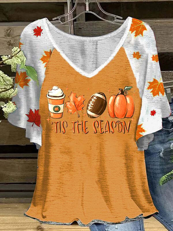 Autumn Pumpkin Plaid Stitching Print Short-Sleeved T-shirt