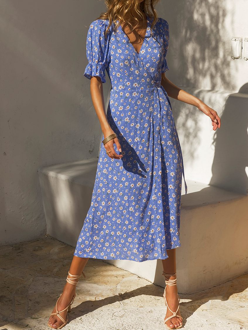 Casual floral puff sleeve wrap dress