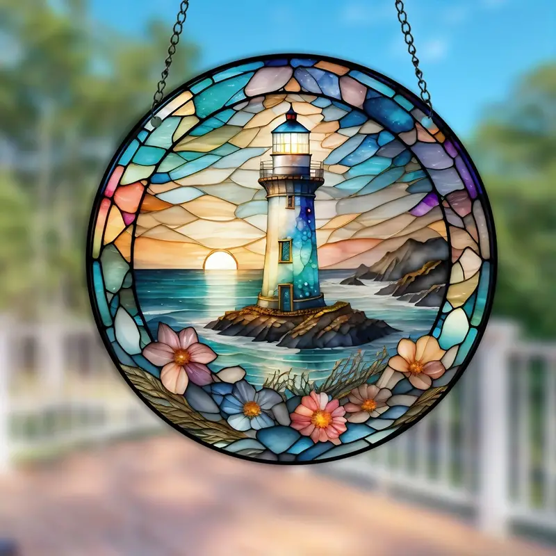 1pc Lighthouse Art Stained Window Hanging Suncatcher Decorative Stained Sun Catcher Hanging Art Decoration For Wall Or Window Decor