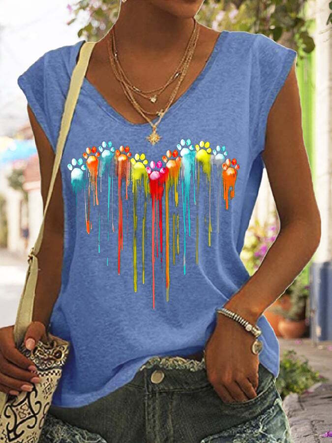 Women's Colorful Dog Paw Heart Print T-Shirt