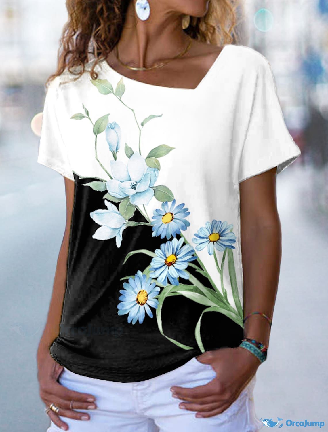 Women's V-Neck Short Sleeve Color Block Floral Print T-Shirt - Shopping ...