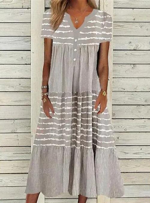 Casual Stripe Print V Neck Long Sleeves Maxi Dress