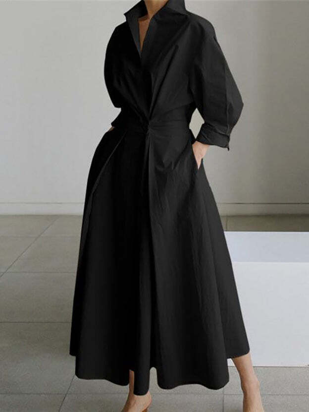 Black Fold Over Collar Side Pocket Maxi Dress
