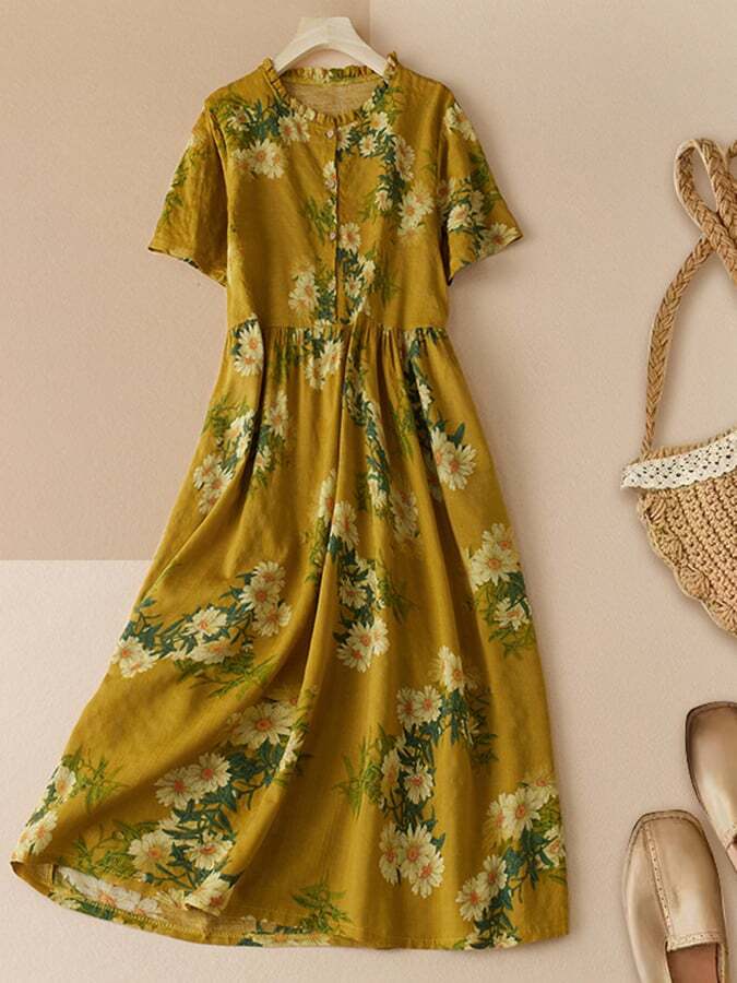 Literary Minimalist Floral Print Dress