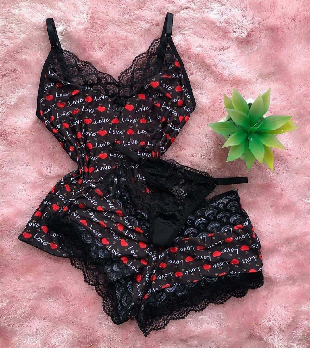 Sexy Lace Sling Love Heart Printed Ladies Sexy Lingerie Set