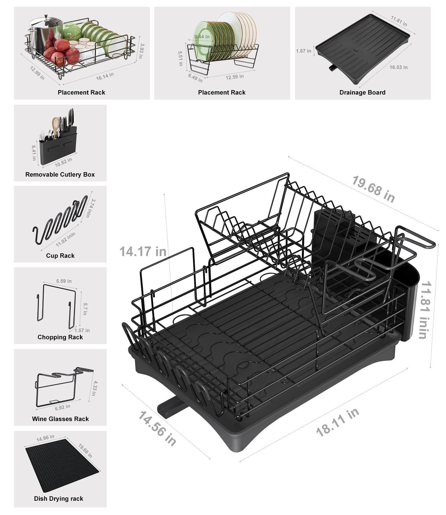 Dish Drying Racks for Kitchen Counter, Stainless Steel 2 Tier Black Dish Dryer Rack with Drainboard Set, Large Dish Drainers with Wine Glass Holder, Utensil Holder and Dryer Mat