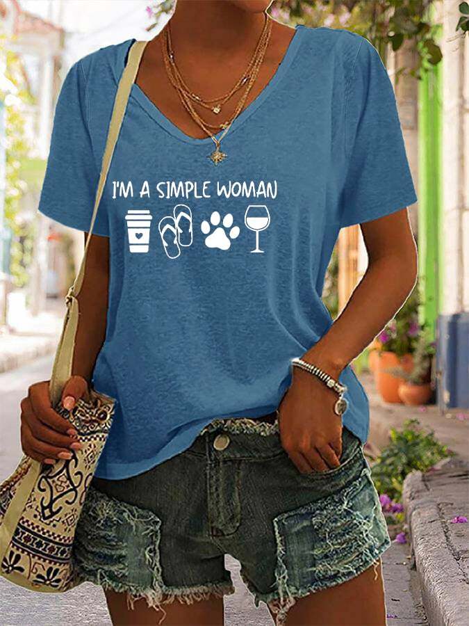 Women's  I'm A Simple Woman Dog Paws Print Casual V-Neck Tee