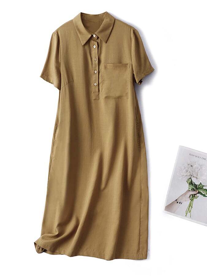 Minimalist Polo Neck Pocket Short Sleeved Dress