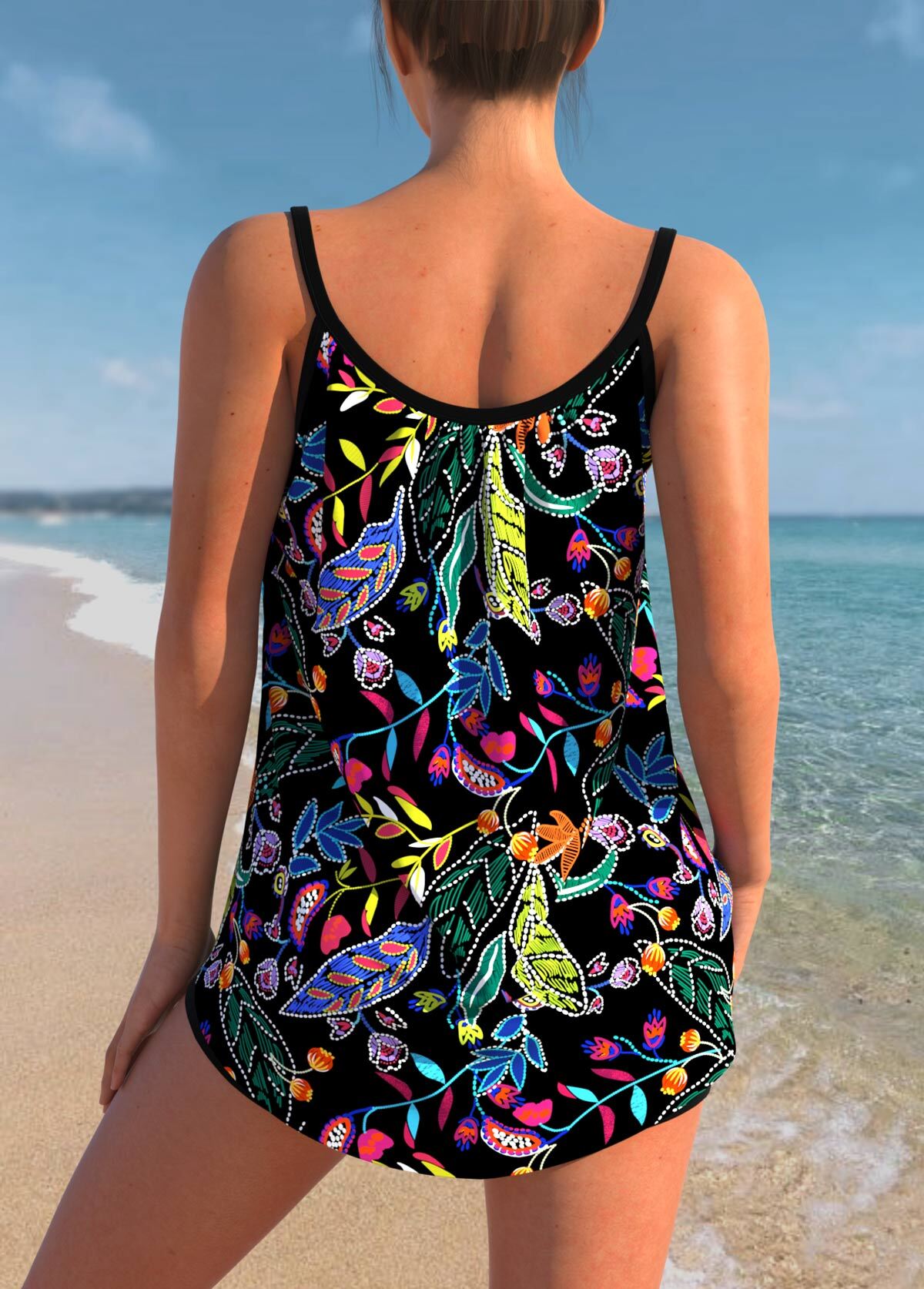 Bowknot Leaf Print Coral Red Tankini Top