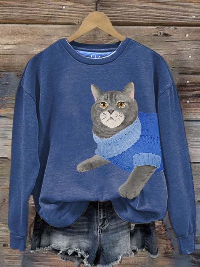 Women's Cat Print Round Neck Long Sleeve Sweatshirt