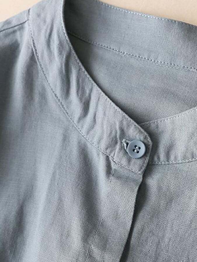 Vintage Standing Collar Solid Color Long Sleeved Cotton Linen Shirt