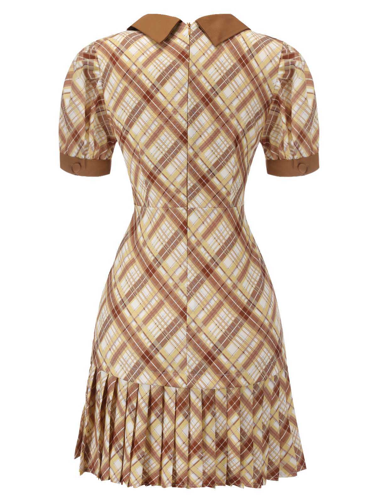 1960s Plaid Puff Sleeve Pleated Dress