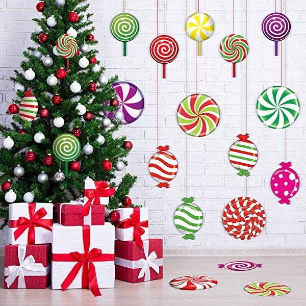 Christmas-30 pieces peppermint cutouts colorful candies round lollipop cutouts for Christmas decoration candy party wall cutouts with stickers xmas candy party decor classroom bulletin board decoration