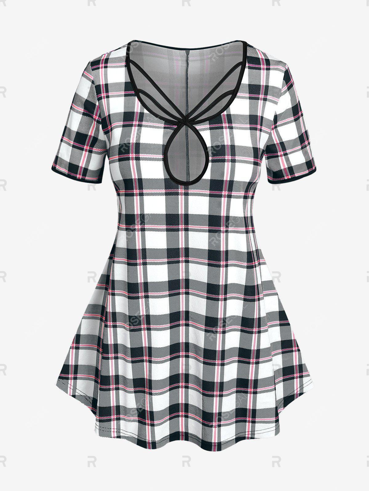 Strappy Keyhole Plaid T-shirt and Leggings Plus Size Summer Outfit