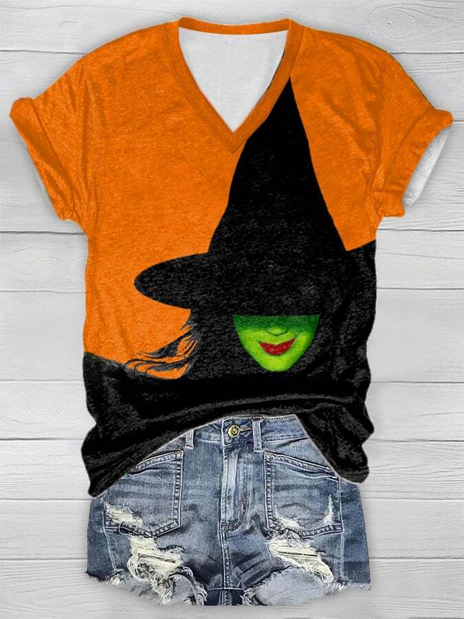 Women's Witch Print Short Sleeve V-neck T-Shirt