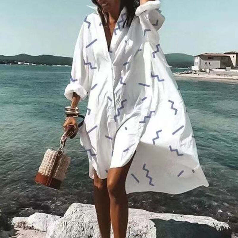 Long Sleeve Floral Print Irregular Midi Shirt Dress