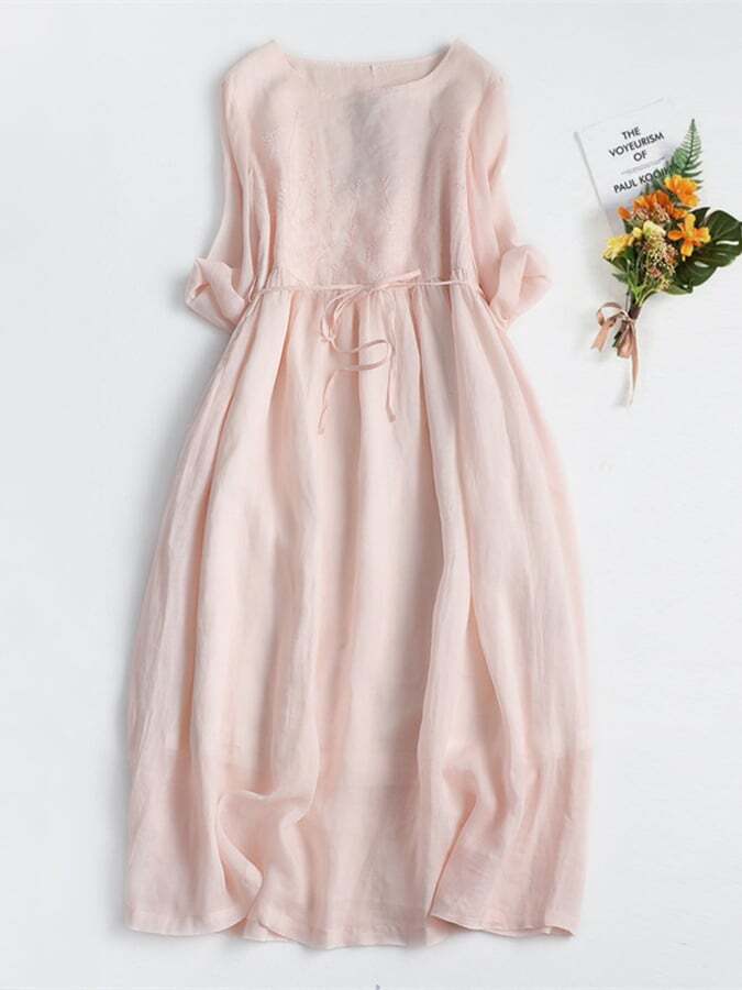 Cotton And Linen Embroidered Lace Up Waist Up Dress