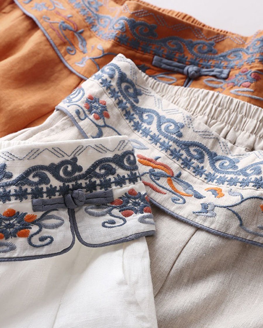 Ethnic Embroidered Waist Wide Leg Pants