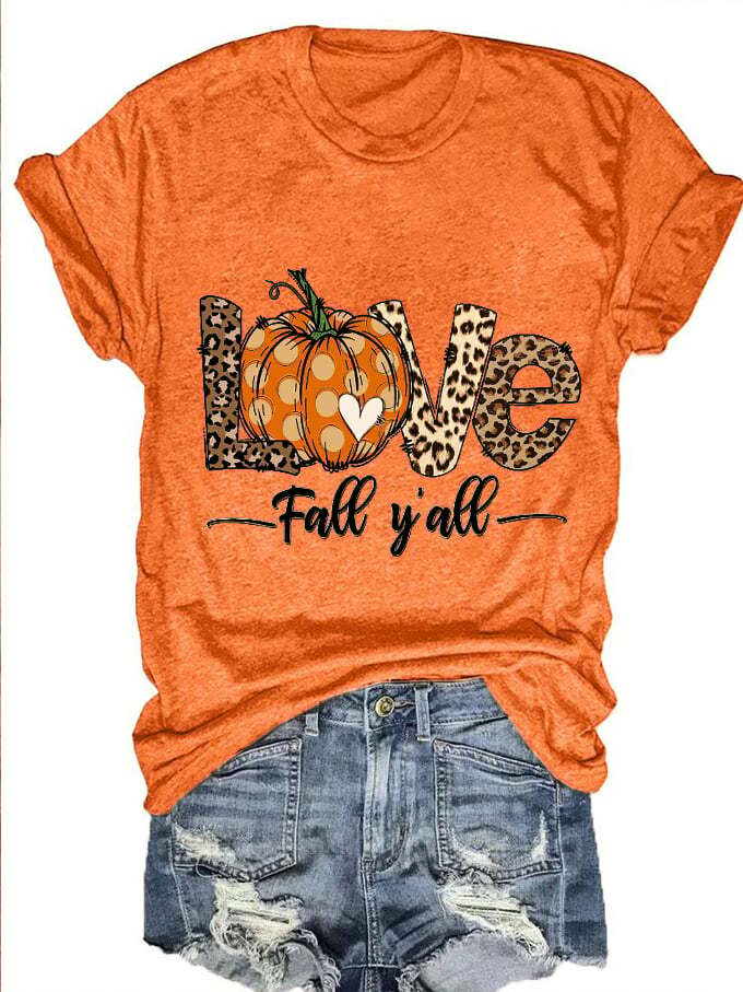 Women's Love Fall Y'all Pumpkin Maple Fall Print T-Shirt