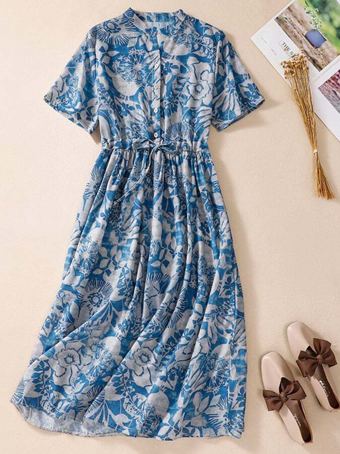 Literary Loose Cotton And Linen Printed Standing Neck Short Sleeved Dress
