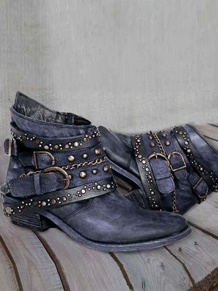 Wisherryy Vintage Washed Studded Buckles Ankle Boots