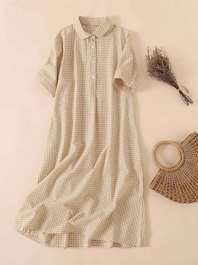 Cotton And Linen Plaid Retro Casual Loose Polo Neck Dress