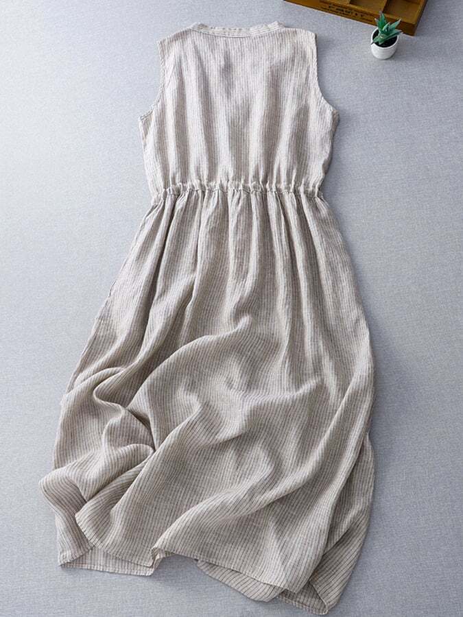 Literary Commuter Striped Print Waist Drawstring V-Neck Sleeveless Dress