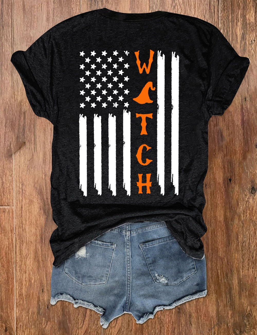 Women's Halloween Witch American Flag Print V-Neck T-Shirt