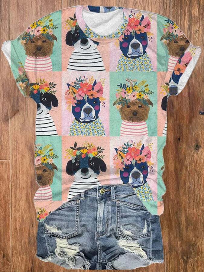 Women's Fun Dog Print Crew Neck T-Shirt