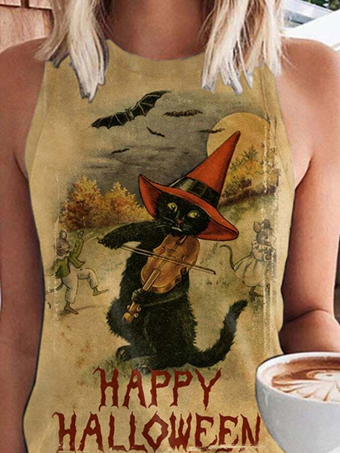 Happy Halloween Black Cat Print Tank Top