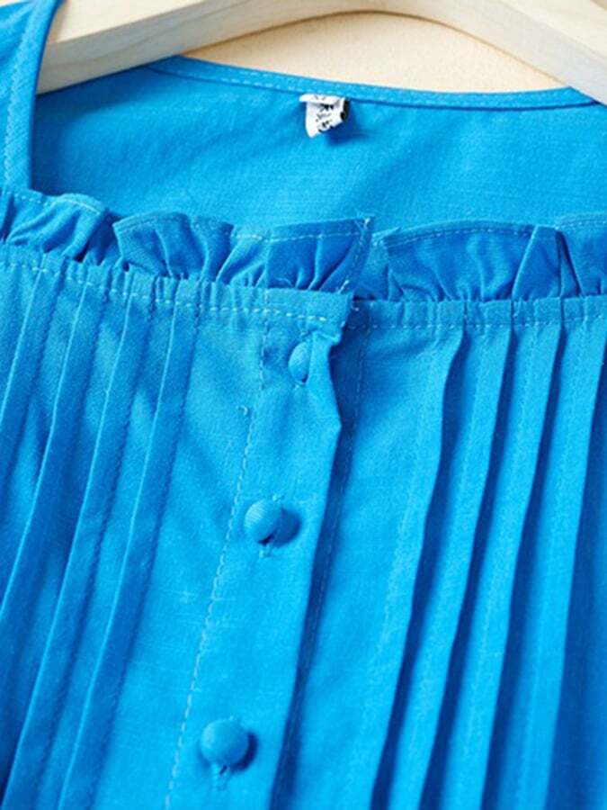 Cotton Linen Square Neck Gathered Ruffle Pocket Retro Midi Dress