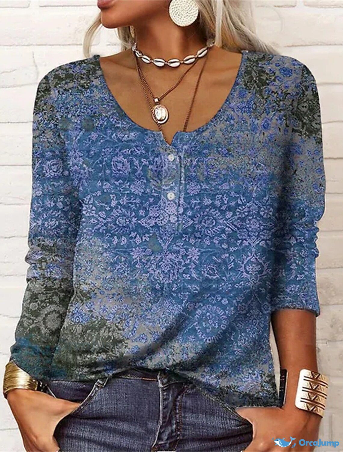 Women's Henley Shirt with Floral Print - U Neck, Long Sleeve, Regular ...