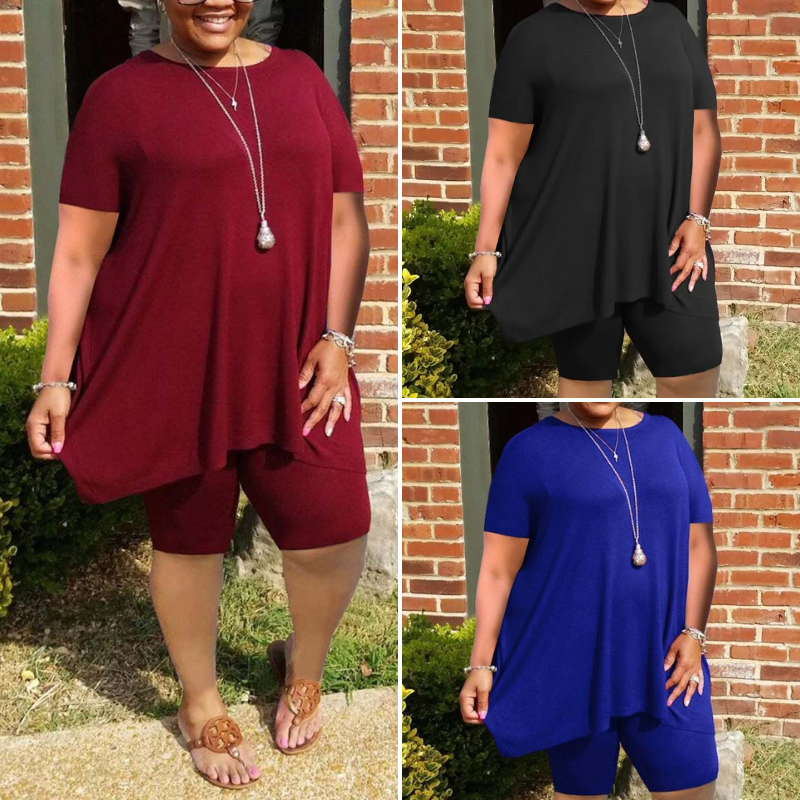 Last Day -Plus Size Ruffled Hem Solid Color Top & Shorts