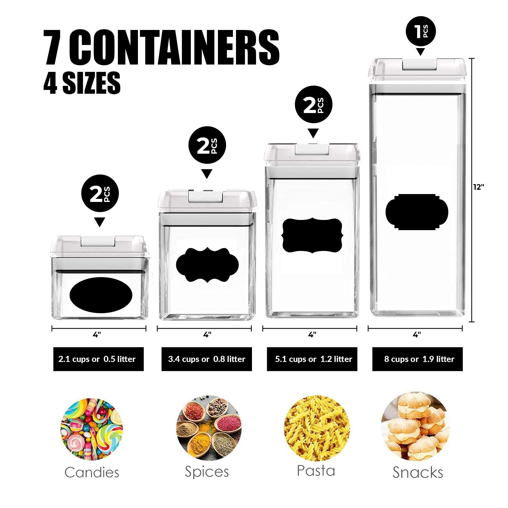 Airtight Food Storage Container Set 7 Piece Set Clear Plastic Canisters For Cereal, Flour with Easy Lock Lids, for Kitchen Pantry Organization and Storage, Include Labels and Marker (White)